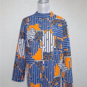 Vintage Blue Orange White Graphic Print Blouse